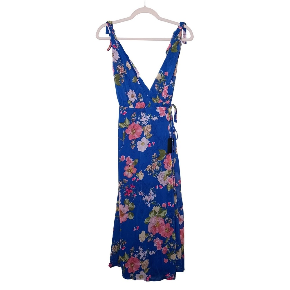 NWT Lulus Sensational Season Blue Floral Tie-Strap‎ Wrap Midi Dress S Sundress - Picture 3 of 10